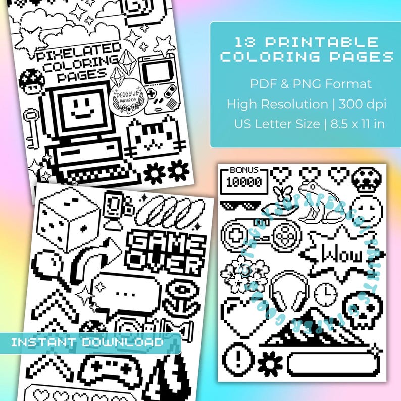 8-bit Pixel Art Coloring Pages – Retro Video Game Designs (digital ...
