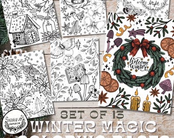 Dibujos para colorear de magia invernal: Diseños festivos (Descarga digital)