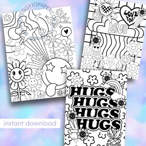 May include: Three black and white coloring pages featuring groovy 70s style designs. The first page features a smiley face with stars and flowers. The second page features a heart with the words "Love You" and "Love". The third page features a rainbow and the words "Hugs Hugs Hugs Hugs".