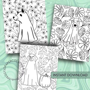 K&ouml;nnte beinhalten: Drei Schwarz-Wei&szlig;-Illustrationen von Hunden in Geisterkost&uuml;men, vor floralen und Bl&auml;tter-Hintergr&uuml;nden. Ein Bild enth&auml;lt einen K&uuml;rbis. Der Satz "INSTANT DOWNLOAD" ist sichtbar.