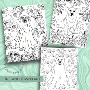 K&ouml;nnte beinhalten: Drei Schwarz-Wei&szlig;-Illustrationen von Hunden in Geisterkost&uuml;men, umgeben von floralen Designs. Der Satz "Sofort-Download" befindet sich am unteren Rand des Bildes.