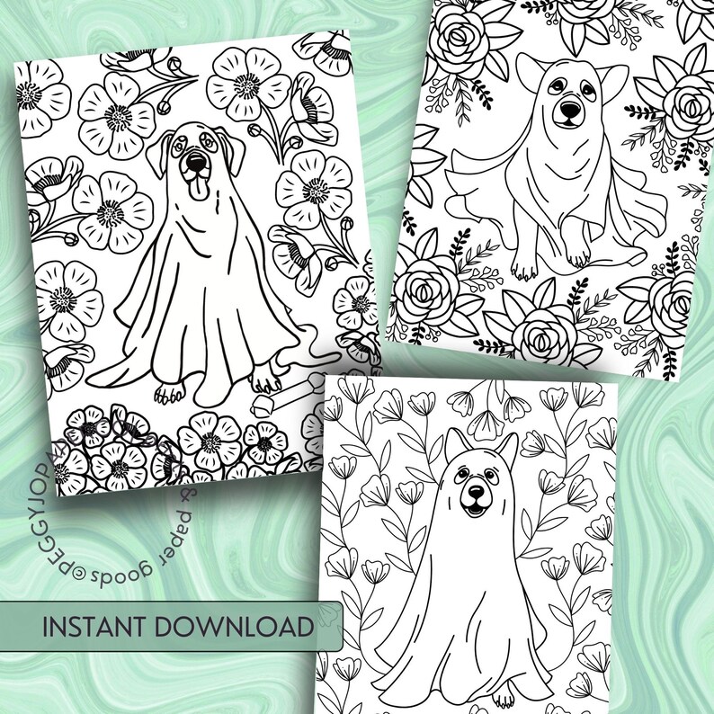 K&ouml;nnte beinhalten: Drei Schwarz-Wei&szlig;-Illustrationen von Hunden in Geisterkost&uuml;men, umgeben von floralen Designs. Der Satz "Sofort-Download" befindet sich am unteren Rand des Bildes.