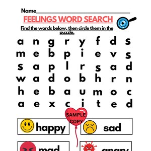 Feelings Puzzle | Emotions Easy Word Search Printable Game For Kids With Flash Cards| Word Puzzle| Digital Download| Pre-K| Kindergarten