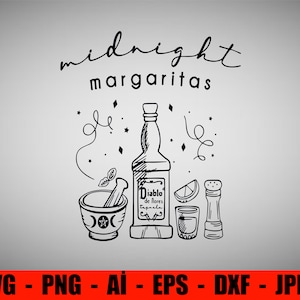 May include: Black and white line art illustration with the text "midnight margaritas". The image features a tequila bottle, a mortar and pestle, a shot glass, a salt shaker, and a lime wedge. Decorative elements include swirls and stars.