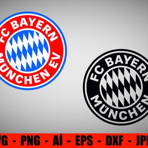May include: Two versions of the FC Bayern Munich logo. The first logo is red, blue, and white. The second logo is black and white.