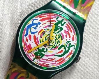 VERY RARE Vintage 1994 Swatch Girotondo Watch: Abstract Swirl, Green Case