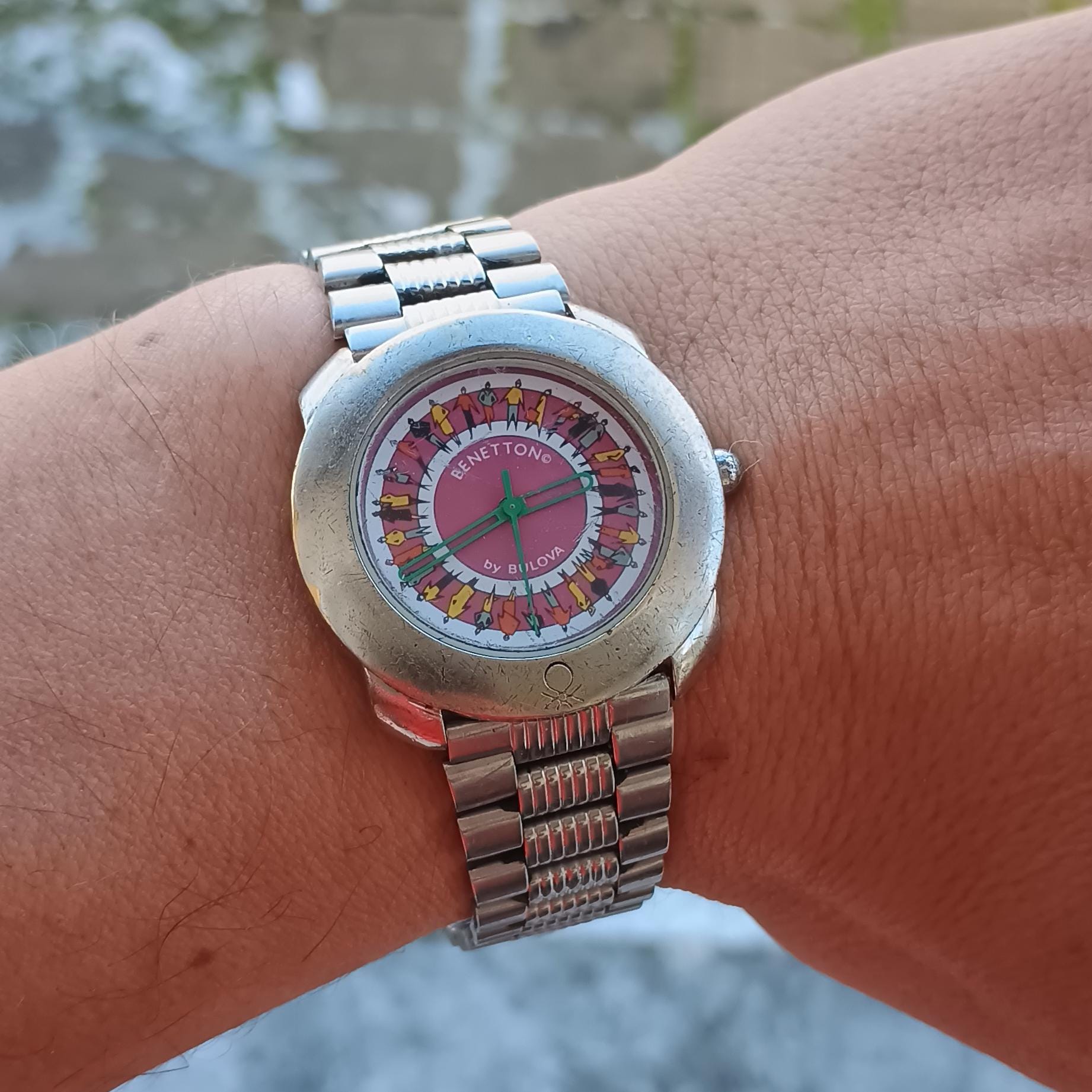 Vintage Benetton Bulova Watch – 1990s Pink Dial, People Motif
