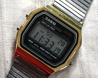 Vintage Casio A159W Gold Digital Watch, Classic Retro Gold-Tone Stainless Steel Bracelet, Water Resistant