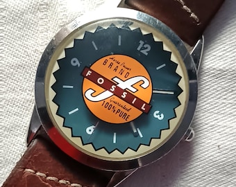 Vintage Fossil "Horse Power Brand" Watch, JR-7548, Retro Blue Dial, Brown Strap