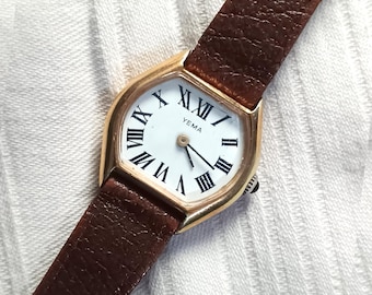 Vintage YEMA Watch - Gold Plated Tonneau, Roman Numerals, 1970s French Manual Wind