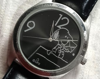 Vintage Snoopy Watch, Black Dial, Leather Strap, Licensed Peanuts