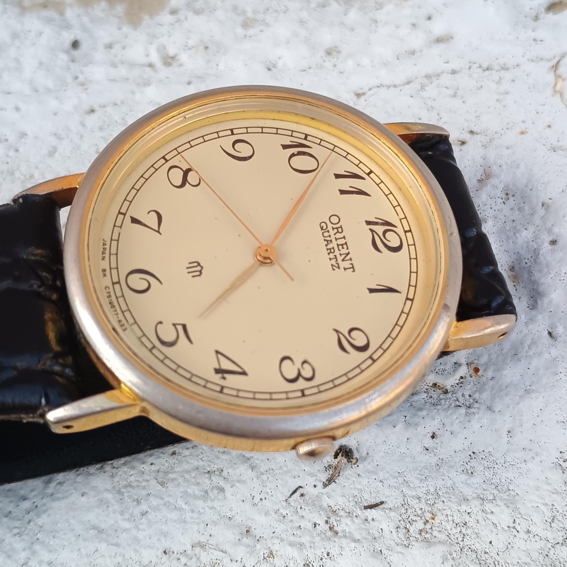 Vintage Orient Quartz Watch, Gold Plated Oval Case, Black Leather