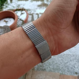 May include: A silver-toned, expandable watch band is clasped around a wrist. The band is made of small, rectangular metal links. The clasp is rectangular and has a brushed metal finish. The background is blurred, with a glimpse of a snowy outdoor scene.