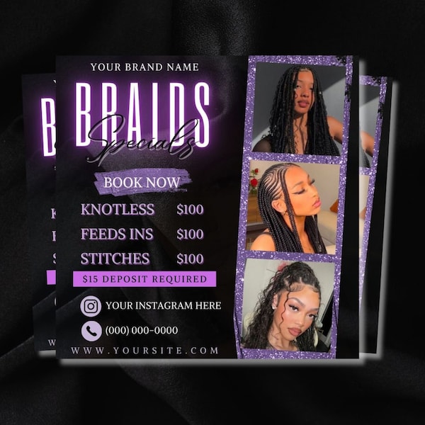 Braids Special Flyer, DIY Hair Salon Flyer,  Hairstylist Appointments Available Book Now Flyer Beauty Social Media Editable Canva Template