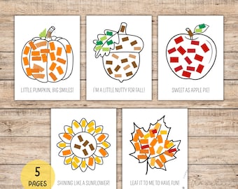 May include: A set of five fall-themed craft pages with torn paper designs. The images include a pumpkin, acorn, apple, sunflower, and leaf, each with a playful caption. The text "FALL CRAFTS - TORN PAPER" is at the top.