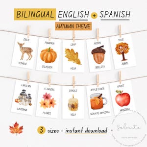 Tarjetas didácticas con el tema de la temporada de otoño, aprendizaje bilingüe en español e inglés para niños pequeños en edad preescolar, sala de juegos con estética de acuarela, educativa