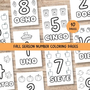 May include: A collection of printable fall-themed number coloring pages. Each page features a number from 1 to 10, written in English and Spanish, with corresponding seasonal illustrations like pumpkins, apples, and corn. The text "Fall Season Number Coloring Pages" is also included.