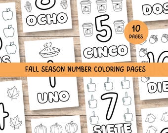 Páginas para colorir com números em espanhol para a temporada de outono, atividades educacionais para crianças pequenas em ambientes internos, aprendizagem de números bilíngues para pré-escola Otono