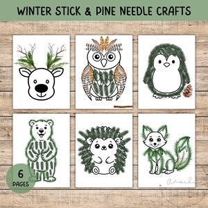 May include: Six illustrated cards featuring winter animal designs. The animals include a reindeer, owl, penguin, bear, hedgehog, and fox. The animals are outlined in black and filled with green pine needles and sticks. The text "Winter Stick & Pine Needle Crafts" is at the top.