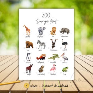 May include: A white Zoo Scavenger Hunt activity sheet featuring watercolor illustrations of sixteen animals including a giraffe, elephant, lion, rhinoceros, bear, zebra, chimpanzee, ostrich, penguin, red panda, crocodile, pelican, okapi, prairie dog, flamingo, and frog.