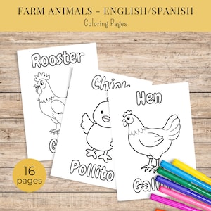 Bilingual Spanish English Farm Animals Coloring Pages for Preschoolers and Toddlers, Language Development, Summer Morning Basket Activity