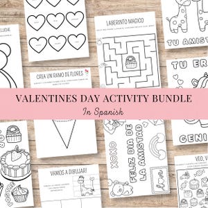 Puede incluir: Un conjunto de hojas de actividades imprimibles para el Día de San Valentín en español. Las hojas presentan diversas actividades, incluyendo un laberinto, un juego de unir puntos, una página para colorear y una actividad de dibujo. Las hojas son en blanco y negro y presentan diversos temas del Día de San Valentín, como corazones, cupcakes y arcoíris.
