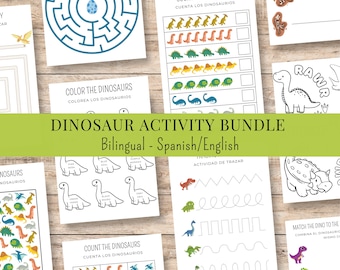 Paquete de actividades bilingües de dinosaurios, motricidad fina, desarrollo del lenguaje, resolución de problemas, página para colorear, ayuda para preescolar y jardín de infantes con ESOL