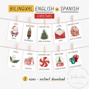 Weihnachten-Karten zweisprachig Spanisch Englisch lernen für Kleinkinder und Vorschulkinder, Aquarell ästhetische Spielzimmer Montessori