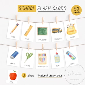 May include: Watercolor flash cards for school, featuring illustrations of a pencil, ruler, chalkboard, school bus, bookbag, eraser, scissors, colored pencils, glue, paint, and an apple. The cards are held by clothespins on a string, with the text "School Flash Cards".
