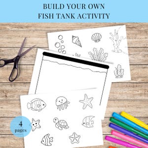 May include: A Build Your Own Fish Tank Activity set with 4 pages of coloring sheets. The sheets feature line drawings of fish, starfish, a turtle, and other sea creatures. A pair of scissors and colorful markers are also visible.