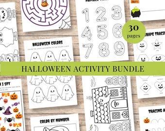 May include: A collection of Halloween-themed activity pages, including mazes, number tracing, color-by-number, and shape tracing. The bundle features a variety of spooky illustrations, such as ghosts, pumpkins, and spiders, perfect for kids. The text "Halloween Activity Bundle" is visible.