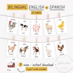 Farm Animals Flashcards Bilingual Spanish English Language Learning for Toddlers Preschoolers, Montessori Nomenclature 3 part cards Playroom