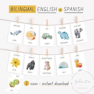 Tarjetas flash de aprendizaje bilingüe español inglés para niños pequeños y preescolares, acuarelas alfabeto estético sala de juegos educativo Montessori