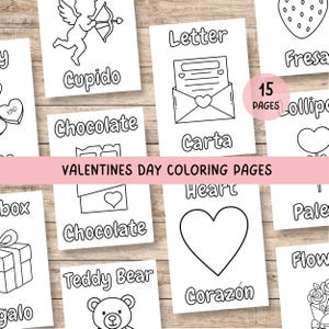 May include: A selection of Valentine's Day colouring pages featuring line drawings of a Cupid, a letter, a heart, and a teddy bear. The pages are monochrome, with the text "VALENTINES DAY COLORING PAGES" displayed across the centre.