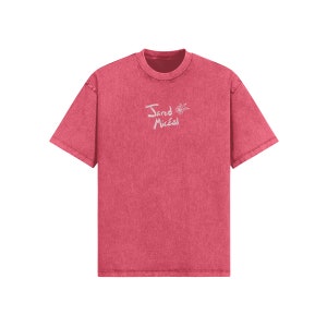 May include: A red t-shirt with a white graphic print that says "Jared Miceli" on the front.