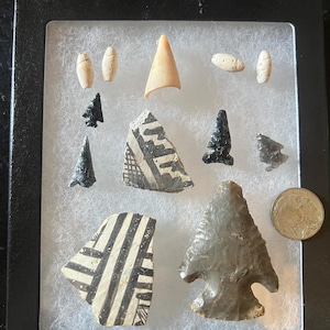 May include: A framed collection of ancient artifacts, including pottery shards with black and white geometric designs, small black stone objects, and a gray arrowhead. The display includes a coin for size reference.