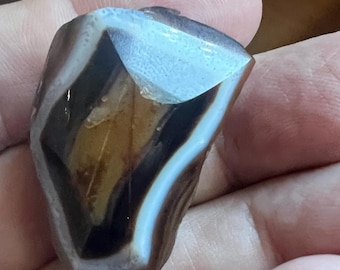 Section de géode en agate rubanée, taillée et polie sur une face pour révéler son intérieur.