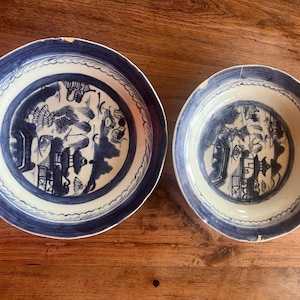 Antique Blue Willow Pattern Bowls – Set of 2 – Early Transferware 19th Century