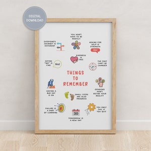 Things To Remember, CBT DBT Therapy, Self Care Reminder Chart, Therapy Office Decor, Counceling Poster, Motivational Poster, Mental Health