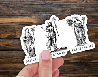 Pegatina feminista de Deméter, Artemisa y Perséfone, pegatina de bruja, diosa lunar femenina divina, dioses griegos, estatua de la mitología griega antigua.