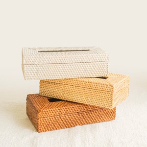 Puede incluir: Tres cubiertas de caja de pañuelos tejidas apiladas una encima de la otra. La cubierta superior es blanca, la cubierta del medio es marrón claro y la cubierta inferior es marrón oscuro.