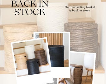 Kalea Rattan Storage Basket with Lid, Round Laundry Hamper, Boho Home Organization
