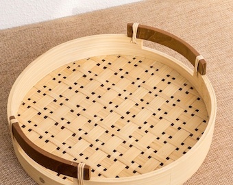 Handgemaakt bamboe dienblad: rond dienblad met handgrepen