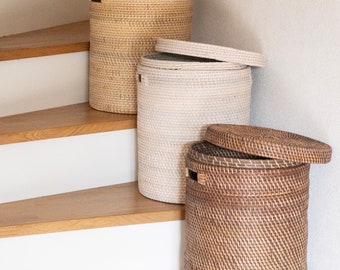 Cesto portaoggetti e organizzazione, Cesto per la biancheria, Cesto in rattan Kalea, Cesto rotondo decorativo, Portaoggetti per camera da letto/bagno/camera dei bambini