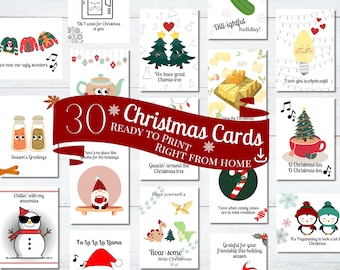 30 Pun Filled Printable Christmas Cards, Instant Digital Download, Funny Greeting Cards,  Christmas Card