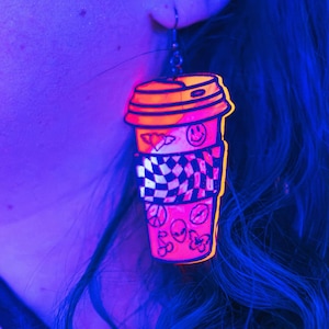 Y2K Latte Earrings – Neon Pink & Orange Color Shift – Laser Cut Acrylic Statement Jewelry