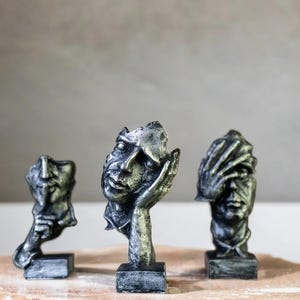 Abstract Face Sculpture Set: Modern Resin Figurines, Distressed Silver Finish