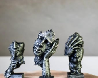 Abstract Face Sculpture Set: Modern Resin Figurines, Distressed Silver Finish