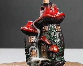 Queimador de incenso com refluxo de cogumelo - Fonte de fumaça de casa de fadas excêntrica - Decoração de floresta de fantasia