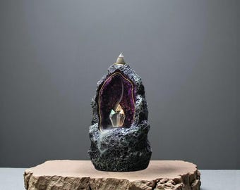 Crystal Cave Backflow Incense Burner: LED Aromatherapy Decor, Waterfall Smoke Fountain